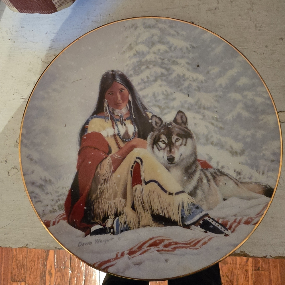 Decorative Plate with Native American and Wolf Design